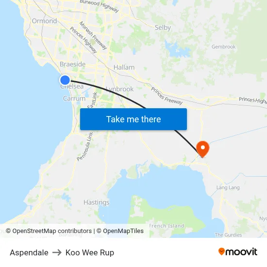 Aspendale to Koo Wee Rup map