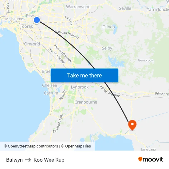 Balwyn to Koo Wee Rup map