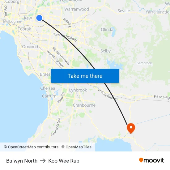 Balwyn North to Koo Wee Rup map
