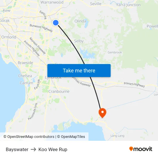 Bayswater to Koo Wee Rup map