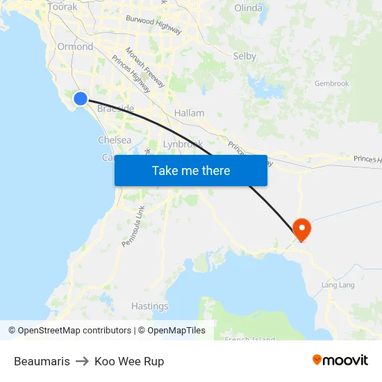 Beaumaris to Koo Wee Rup map