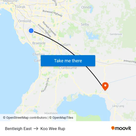 Bentleigh East to Koo Wee Rup map