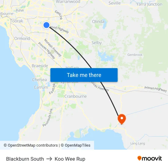 Blackburn South to Koo Wee Rup map