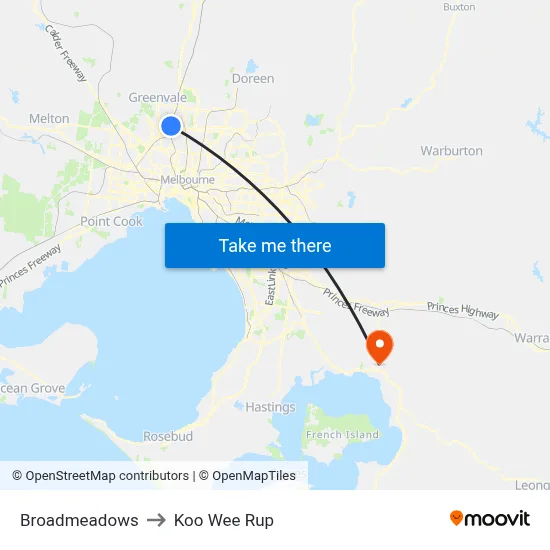 Broadmeadows to Koo Wee Rup map