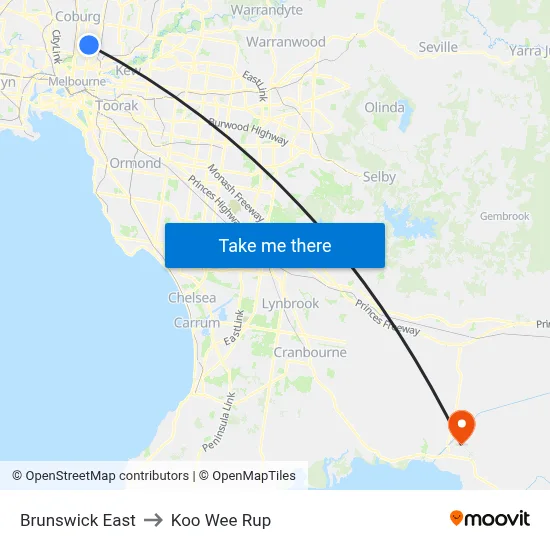 Brunswick East to Koo Wee Rup map