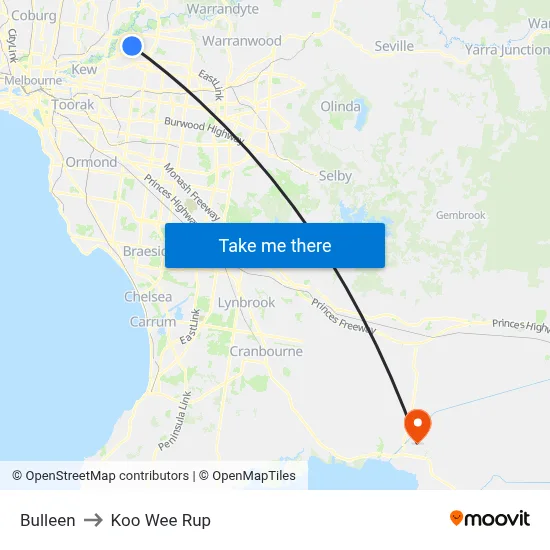 Bulleen to Koo Wee Rup map