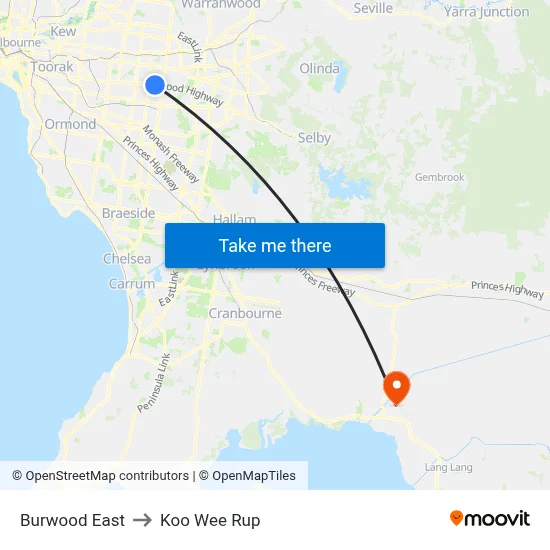Burwood East to Koo Wee Rup map