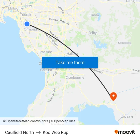 Caulfield North to Koo Wee Rup map