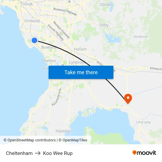 Cheltenham to Koo Wee Rup map
