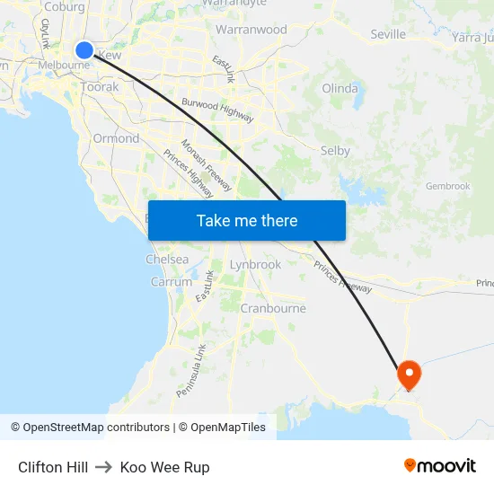 Clifton Hill to Koo Wee Rup map