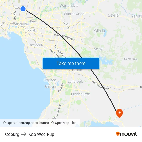 Coburg to Koo Wee Rup map