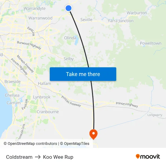 Coldstream to Koo Wee Rup map
