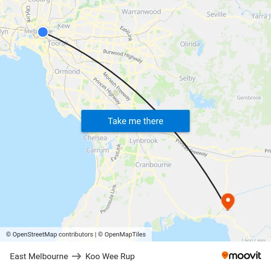 East Melbourne to Koo Wee Rup map
