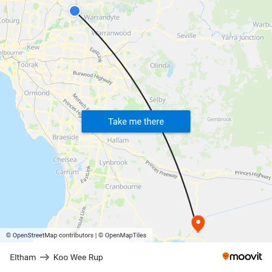 Eltham to Koo Wee Rup map