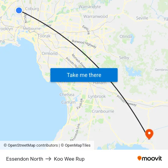 Essendon North to Koo Wee Rup map