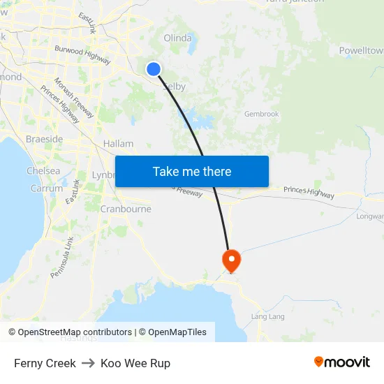 Ferny Creek to Koo Wee Rup map