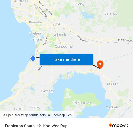 Frankston South to Koo Wee Rup map