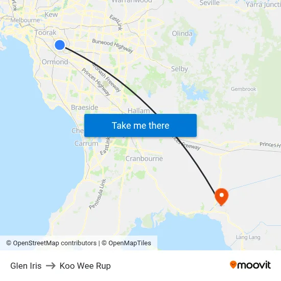 Glen Iris to Koo Wee Rup map