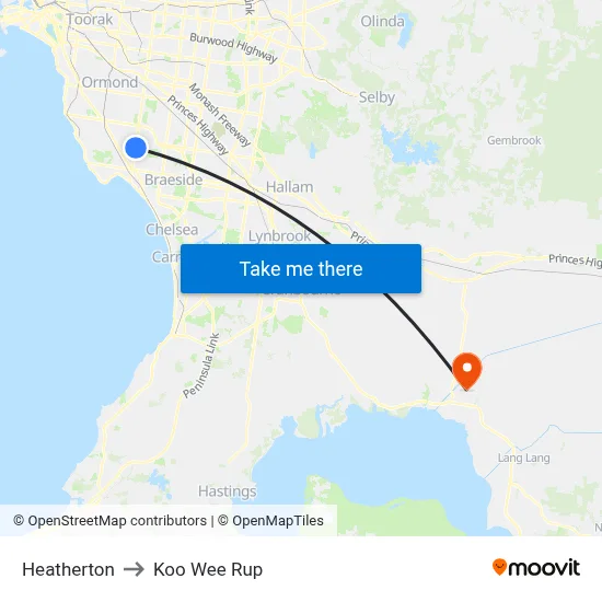 Heatherton to Koo Wee Rup map