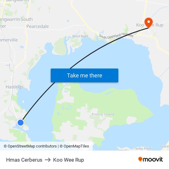 Hmas Cerberus to Koo Wee Rup map