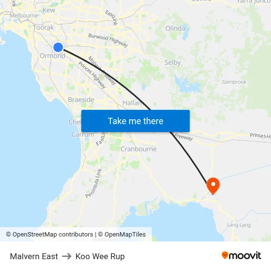 Malvern East to Koo Wee Rup map