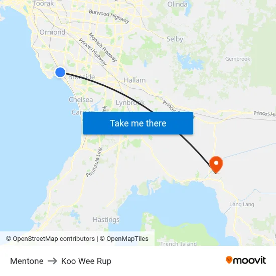Mentone to Koo Wee Rup map