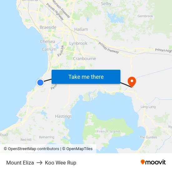 Mount Eliza to Koo Wee Rup map