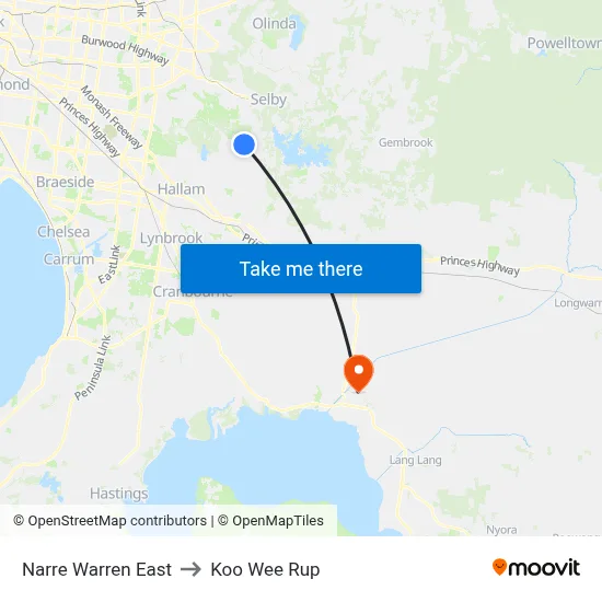 Narre Warren East to Koo Wee Rup map