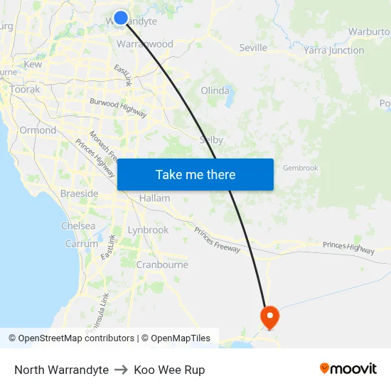 North Warrandyte to Koo Wee Rup map