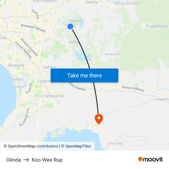 Olinda to Koo Wee Rup map