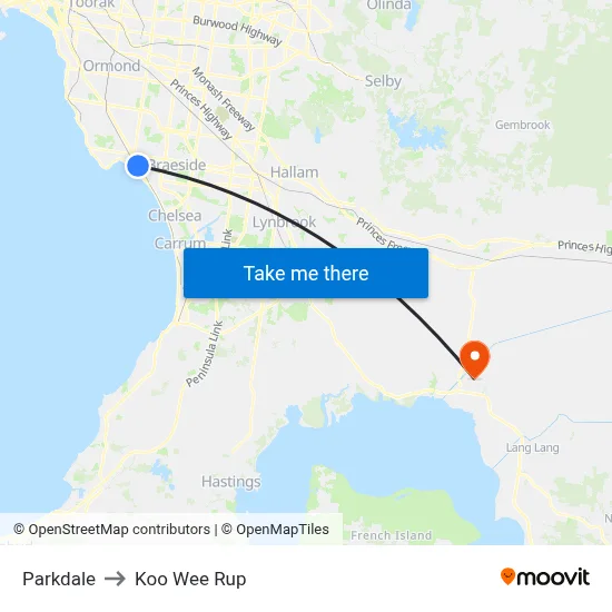Parkdale to Koo Wee Rup map