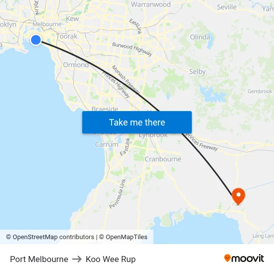 Port Melbourne to Koo Wee Rup map