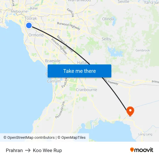 Prahran to Koo Wee Rup map