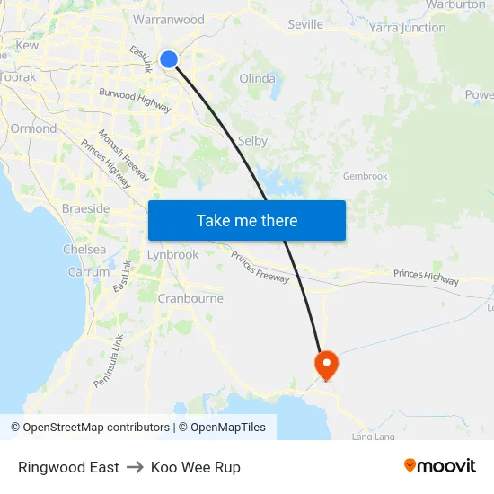 Ringwood East to Koo Wee Rup map