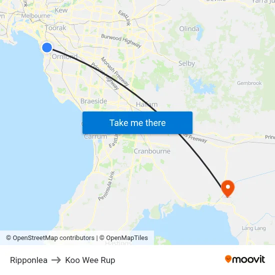 Ripponlea to Koo Wee Rup map