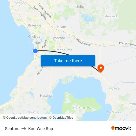 Seaford to Koo Wee Rup map