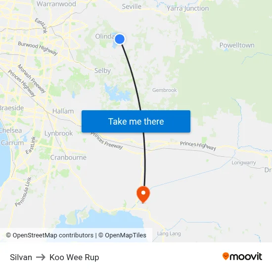 Silvan to Koo Wee Rup map
