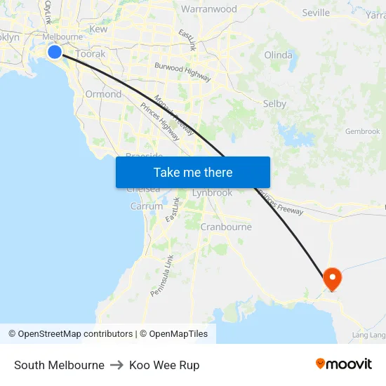 South Melbourne to Koo Wee Rup map