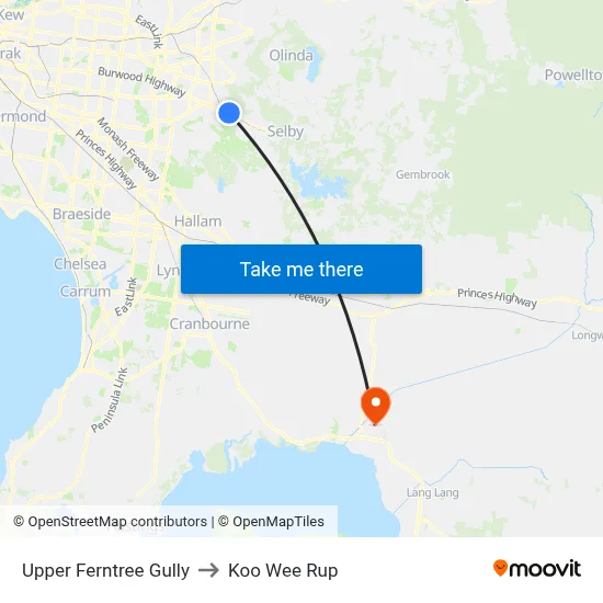 Upper Ferntree Gully to Koo Wee Rup map