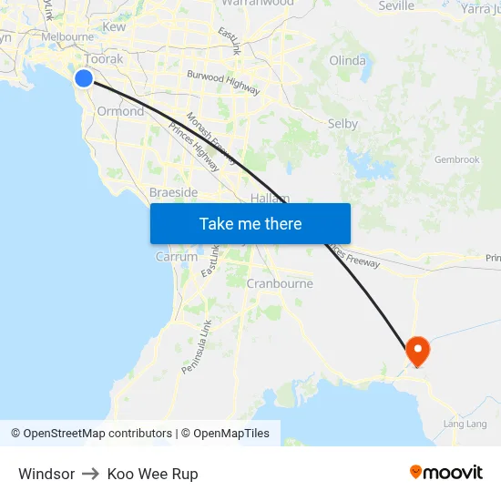 Windsor to Koo Wee Rup map