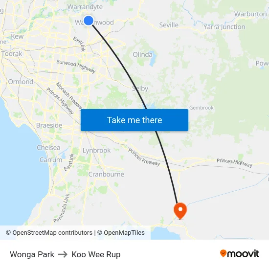 Wonga Park to Koo Wee Rup map