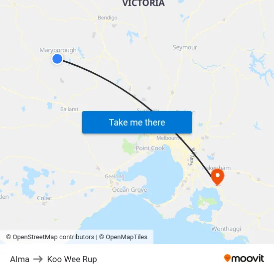 Alma to Koo Wee Rup map