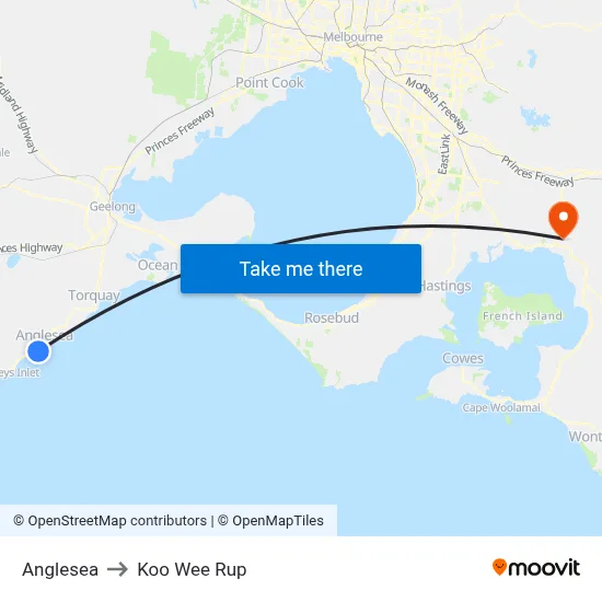 Anglesea to Koo Wee Rup map