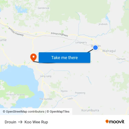 Drouin to Koo Wee Rup map