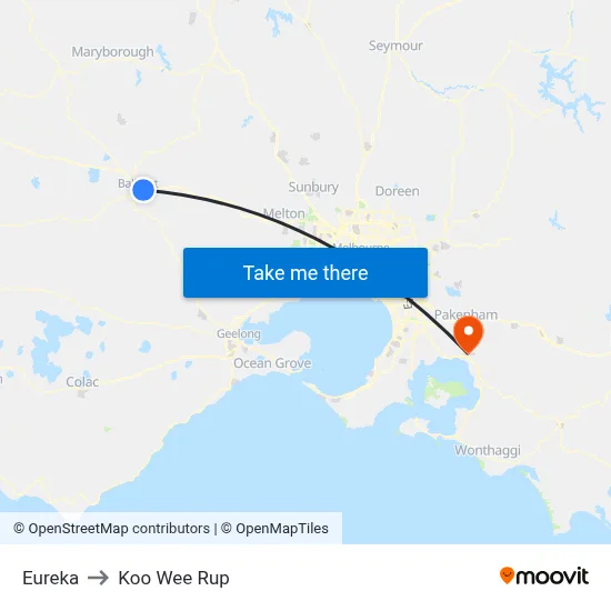 Eureka to Koo Wee Rup map