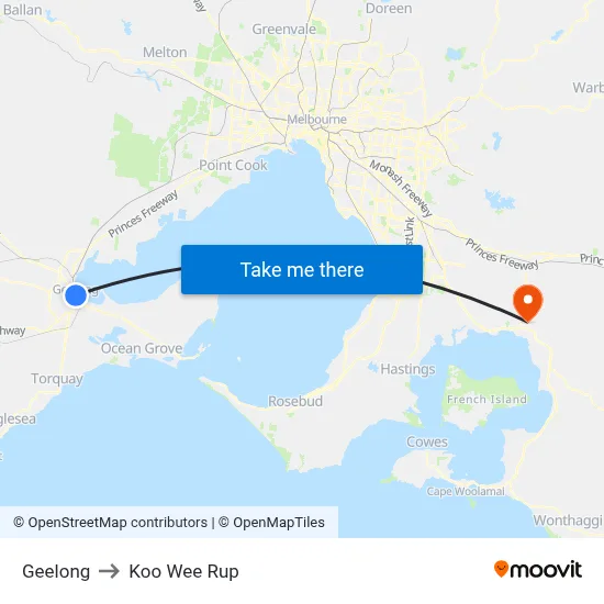 Geelong to Koo Wee Rup map