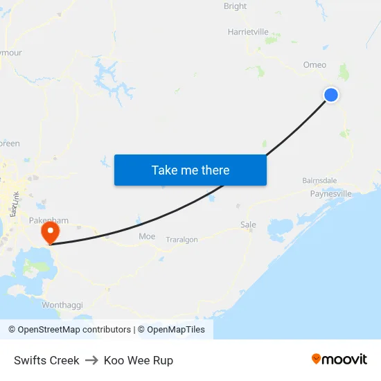 Swifts Creek to Koo Wee Rup map