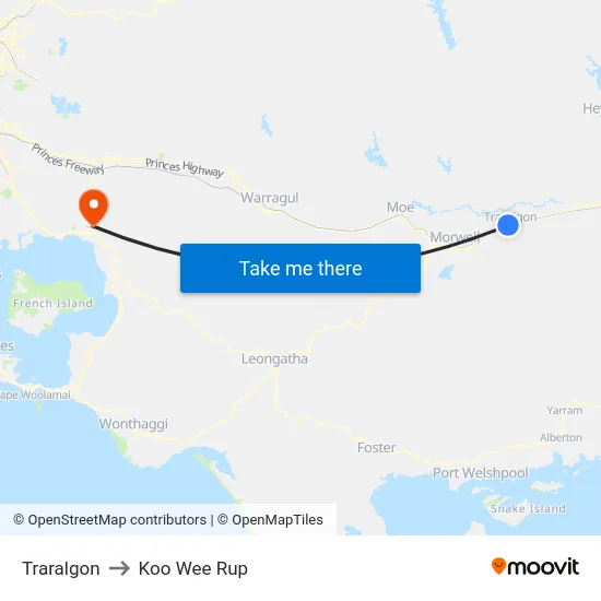 Traralgon to Koo Wee Rup map