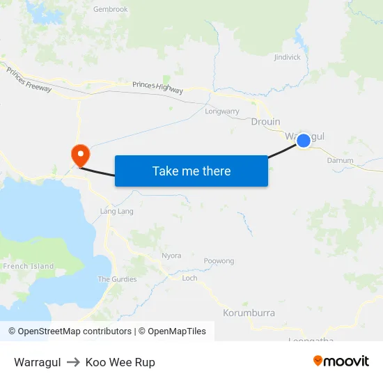 Warragul to Koo Wee Rup map