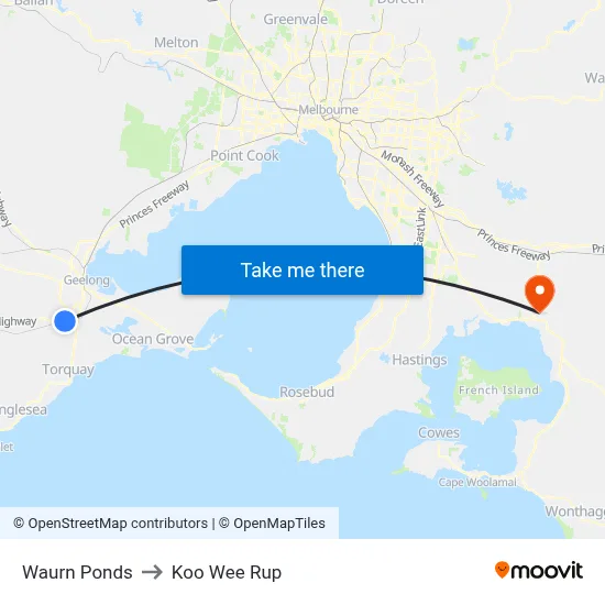 Waurn Ponds to Koo Wee Rup map